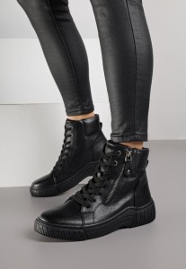 Czarne Sportowe Botki ze Sznurowaną Cholewką i Ozdobnym Suwakiem Ezilare