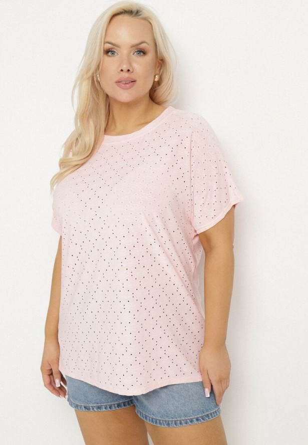 Różowy T-shirt z Bawełną i Ażurowym Wzorem Puzira