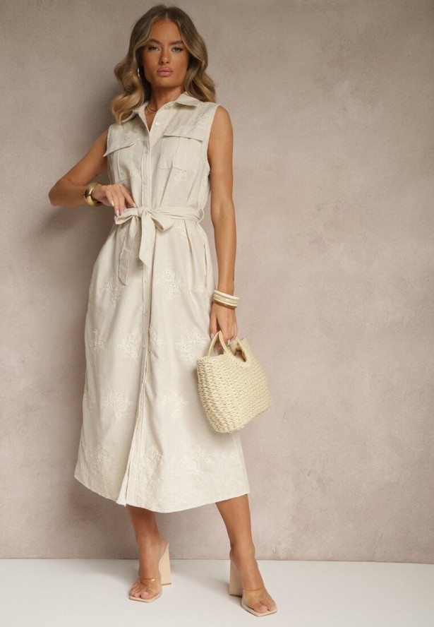 Beżowa Bawełniana Sukienka Koszulowa z Paskiem Kolivessa