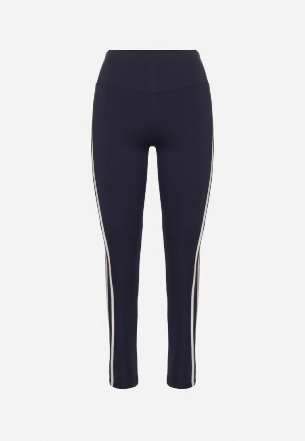 Granatowe Elastyczne Legginsy z Efektem Push-Up Ozdobione Lampasami Akeria