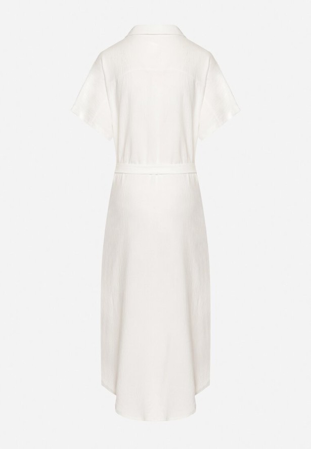 Biała Sukienka Wiskozowa o Luźnym Koszulowym Kroju Wiązana w Talii Rionella