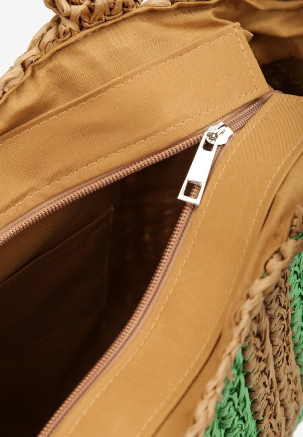 Zielono-Beżowa Torebka z Plecionki z Ozdobnym Nadrukiem "Paris Milano" Rivani