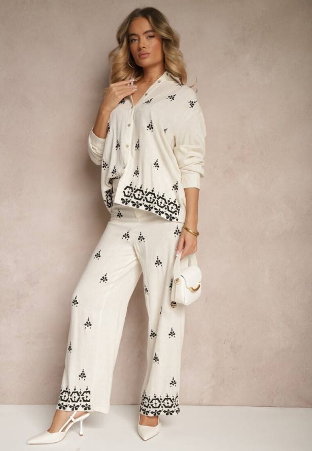 Biało-Czarna Koszula Boho z Wiskozy i Lnu z Ozdobnym Hafem Arliena