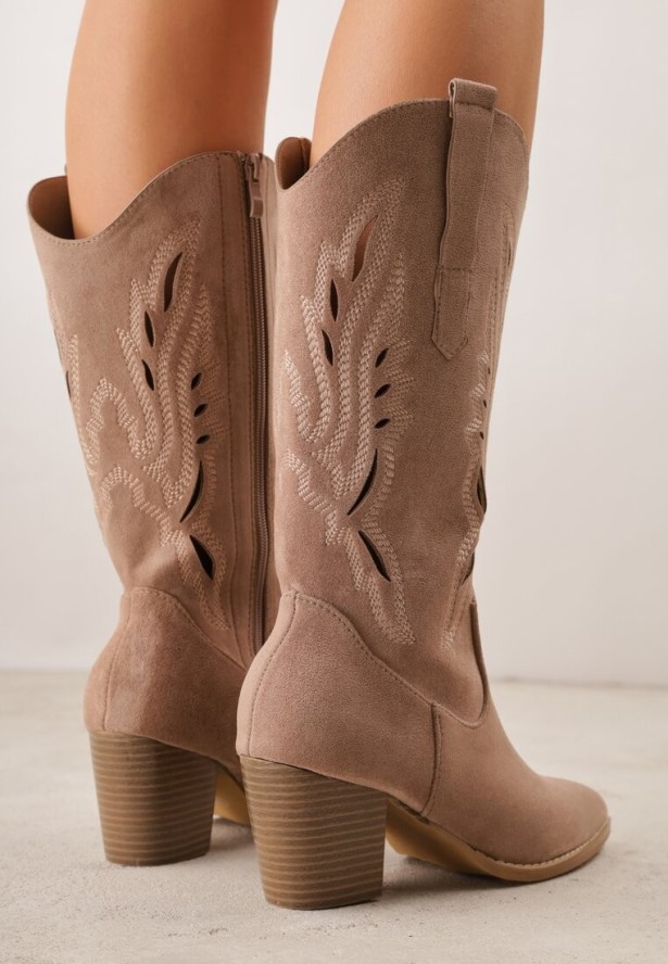 Ciemnobeżowe Ażurowe Botki Kowbojki VICES na Słupku Falenatea