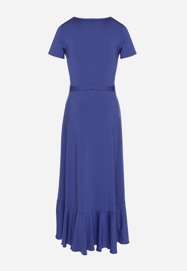 Niebieska Sukienka z Paskiem Kopertowa Ozdobiona Falbanami Wleffia