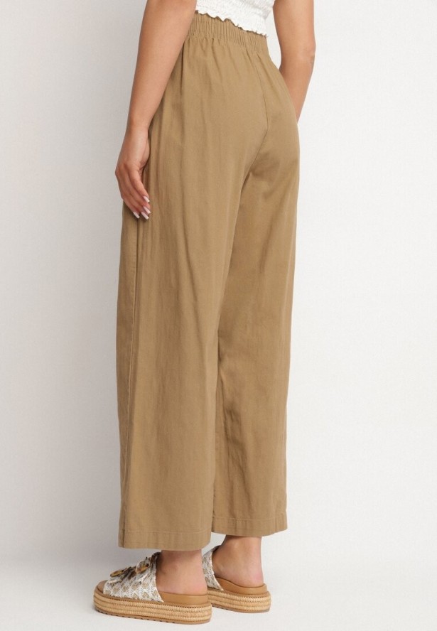 Jasnobrązowe Spodnie Bawełniane Szerokie z Gumką i Wiązaniem w Pasie Faliova