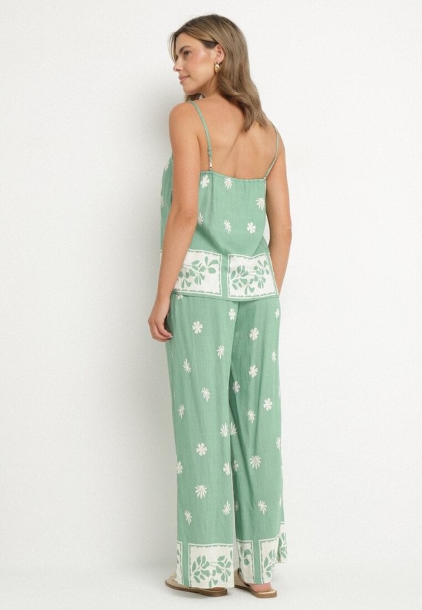 Miętowy Wiskozowy Komplet Koszulka na Ramiączkach i Spodnie w Kwiaty Adisira