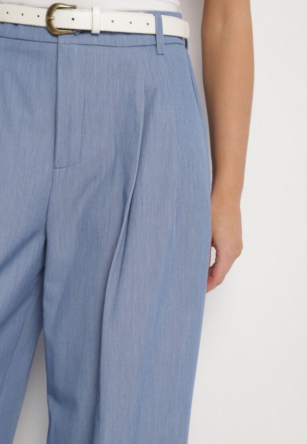 Niebieskie Szerokie Spodnie Garniturowe z Wiskozą Zdobione Zakładkami Galomira