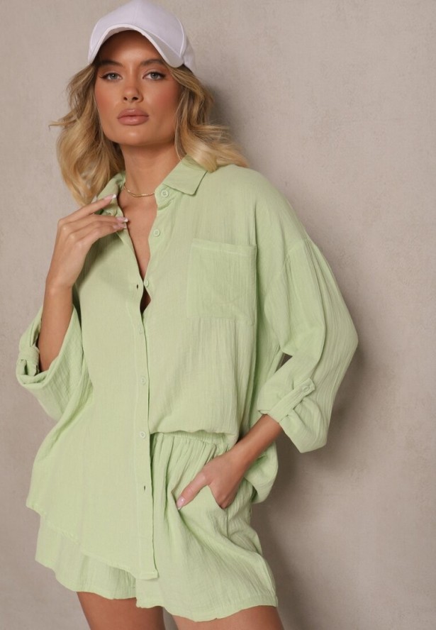 Jasnozielony Komplet z Bawełny Szorty i Koszula z Regulacją przy Rękawach Eleamari