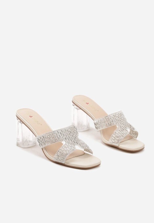 Beżowe Klapki z Cyrkoniami na Transparentnym Słupku Alimilia