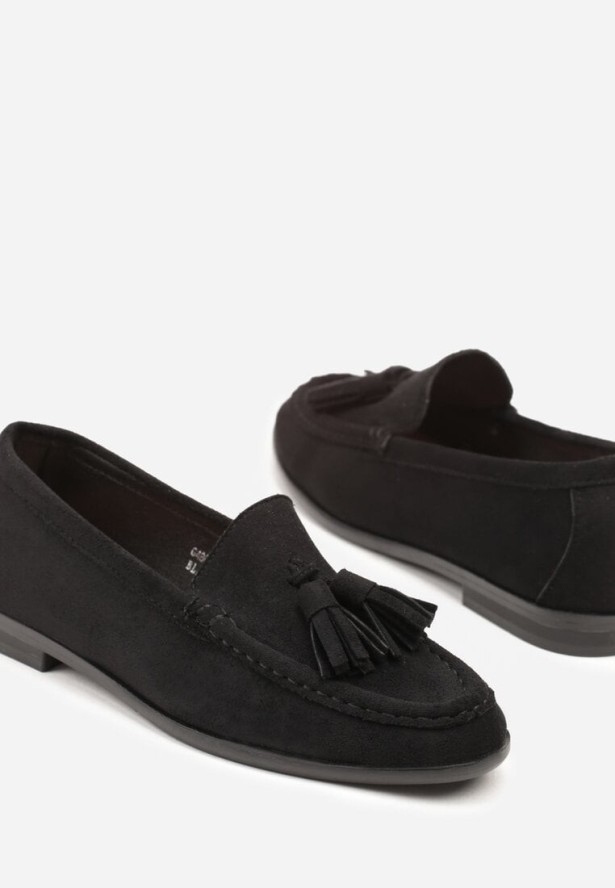 Czarne Mokasyny z Imitacji Zamszu z Aplikacją z Frędzlami Nalonissa