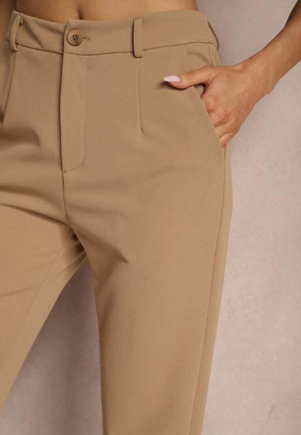 Ciemnobeżowe Spodnie z Wiskozą o Garniturowym Kroju High Waist Senaridra