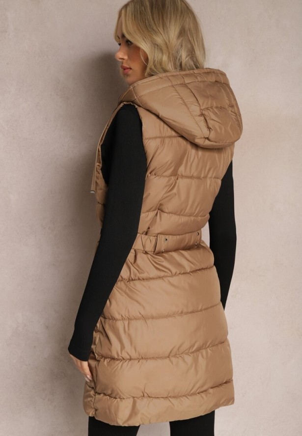 Ciemnobeżowa Pikowana Kamizelka Dwustronna z Troczkiem w Pasie o Wydłużonym Fasonie Selinorda