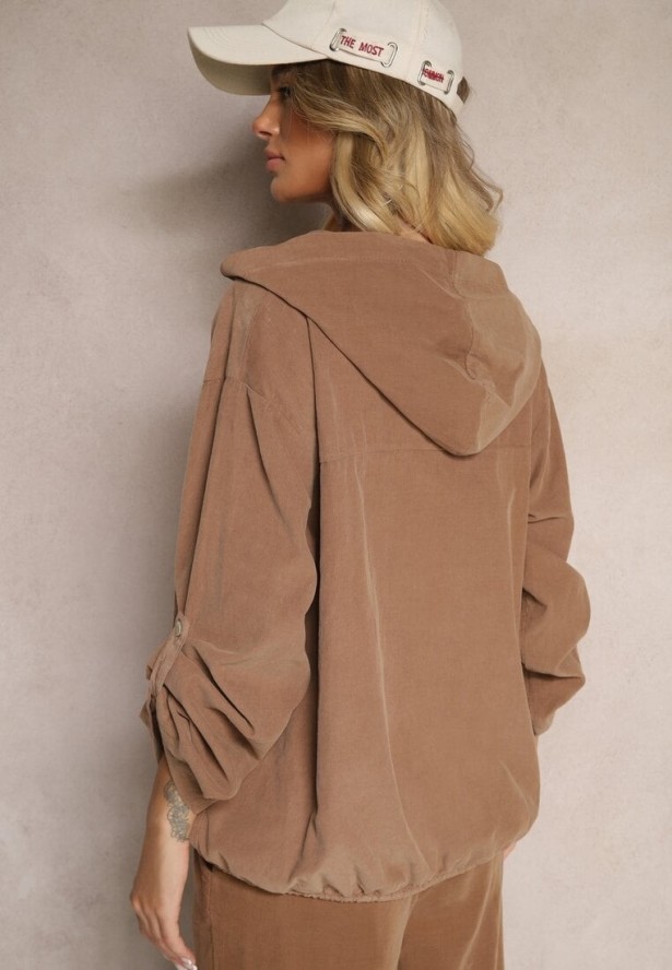 Jasnobrązowa Koszula z Bawełny o Luźnym Kroju z Kapturem i Ściągaczem Felanira
