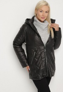 Czarna Pikowana Kurtka Ozdobiona Pikowaniem z Odpinanym Kapturem Falerosa