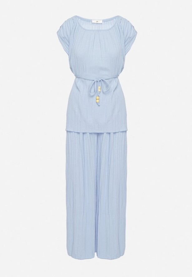 Niebieski Komplet Bluzka z Wiązanym Paskiem i Szerokie Spodnie Dolarea