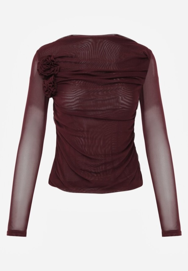 Bordowa Marszczona Bluzka z Siateczki Zdobiona Aplikacją w Kształcie Róży Olirisa