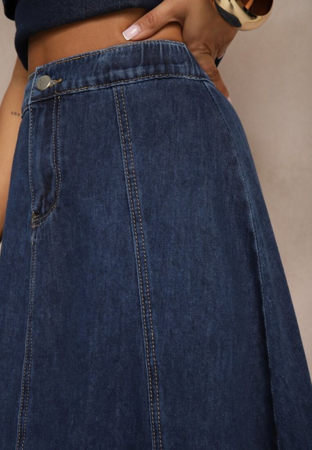 Granatowa Bawełniana Spódnica Jeansowa o Rozkloszowanym Kroju Bialitta