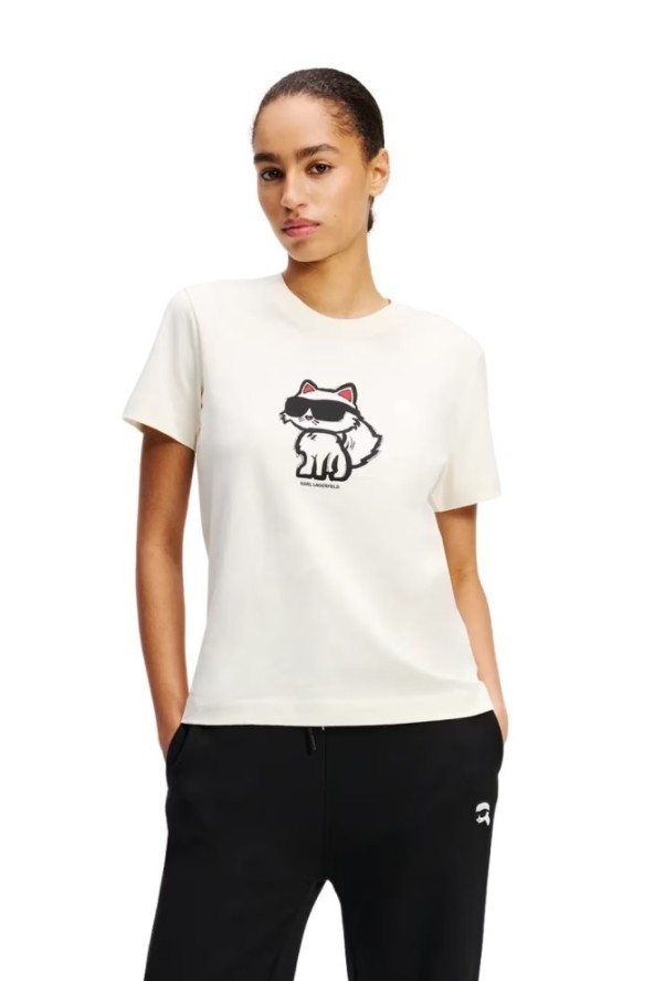 KARL LAGERFELD Beżowy damski t-shirt Ikon Sketch Choupette, Rozmiar XS