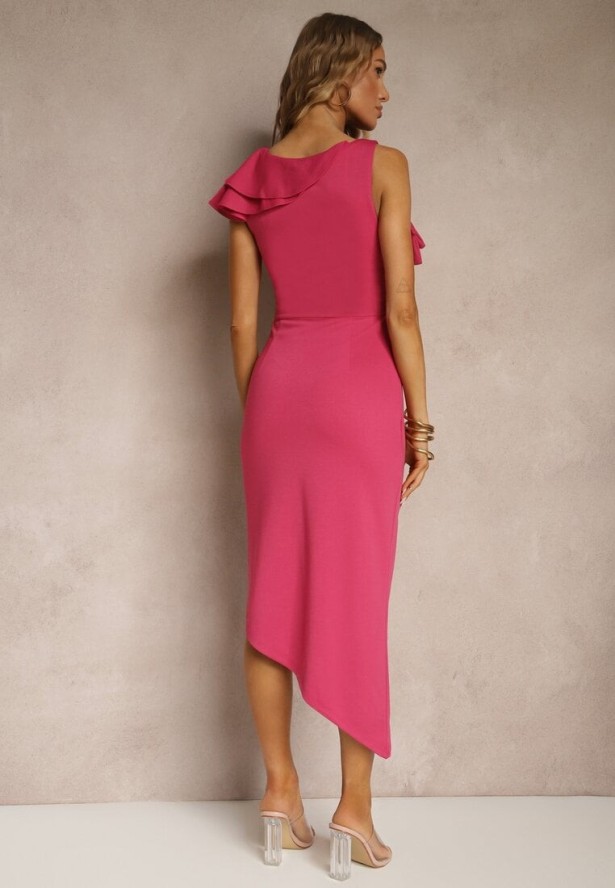 Fuksjowa Koktajlowa Asymetryczna Sukienka Vices z Kwiatem 3D i Falbankami Tolelira