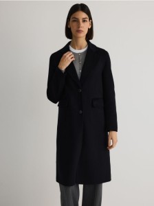 Flauszowy płaszcz z wełną - granatowy