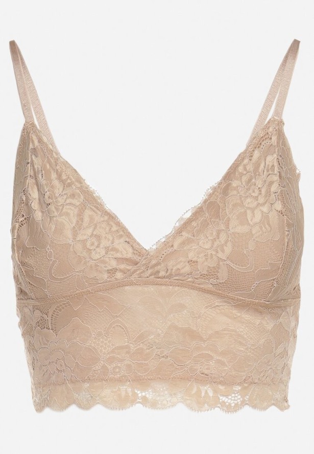 Beżowy Koronkowy Top na Ramiączkach z Dekoltem w Serek Pasmiriela