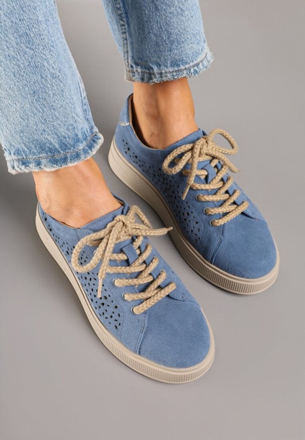 Niebieskie Ażurowe Sneakersy w Stylu Tenisówek ze Skóry Naturalnej Lirivra