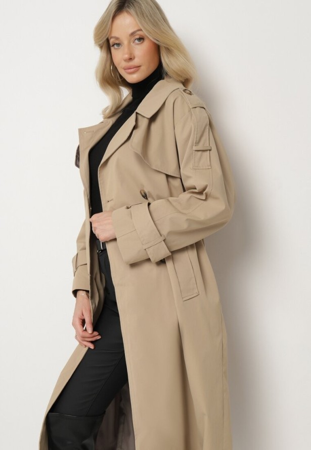 Ciemnobeżowy Dwurzędowy Płaszcz Trencz z Wiązanym Paskiem Rozcięciem i Klapą Terezi