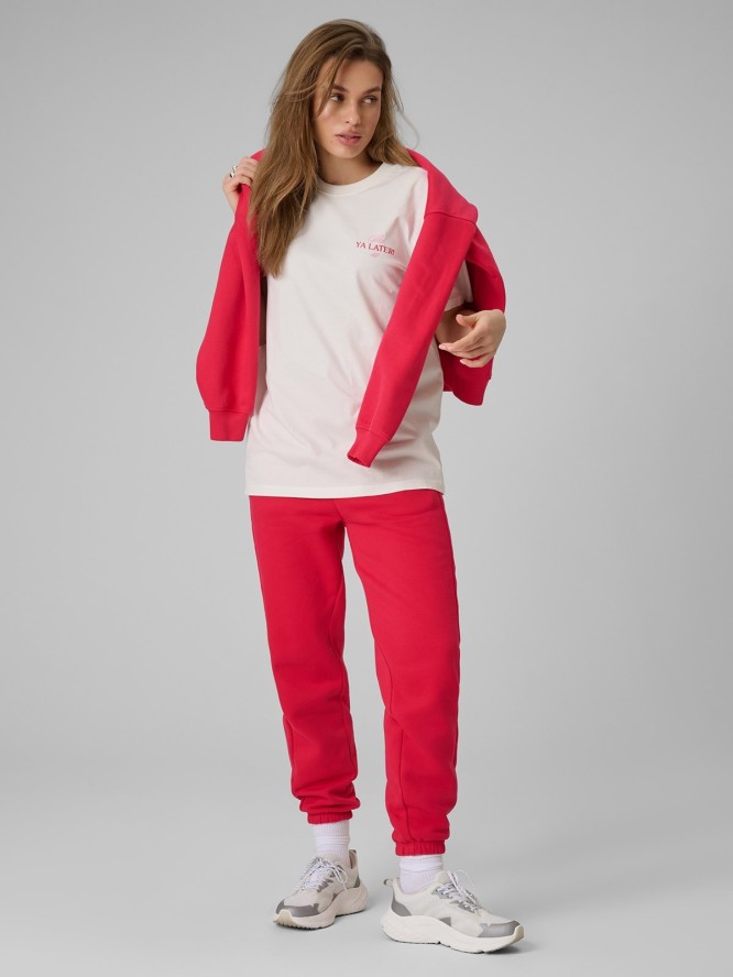 4F T-shirt loose z nadrukiem damski - beżowy M