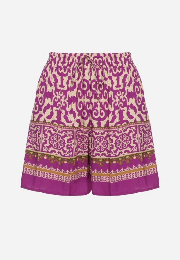 Fioletowe Bawełniane Szorty Bermudy w Etniczny Wzór z Gumką w Talii i Kieszeniami Vomena