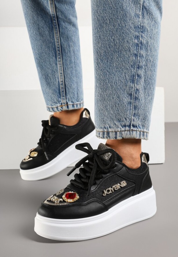 Czarne Sneakersy na Grubej Podeszwie z Cyrkoniami i Brokatem Falissa