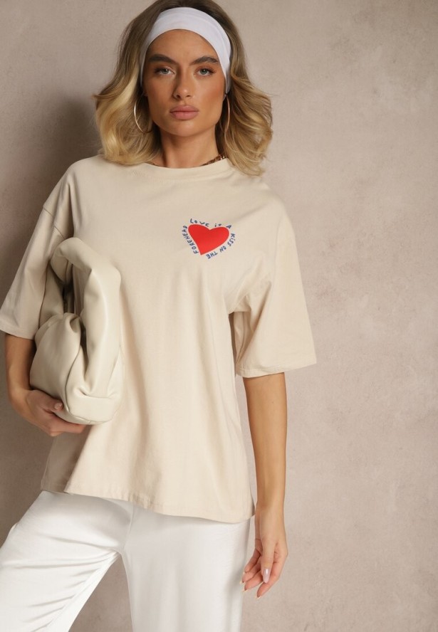 Beżowy T-shirt z Bawełny Ozdobiony Sercem Ranira
