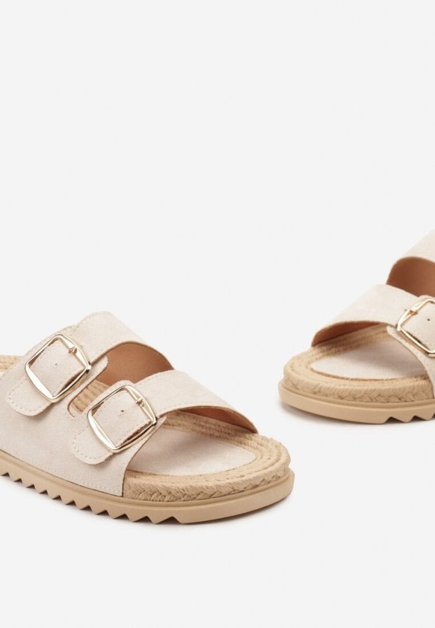 Beżowe Wsuwane Klapki z Ozdobnymi Klamrami na Paskach Iabeaus