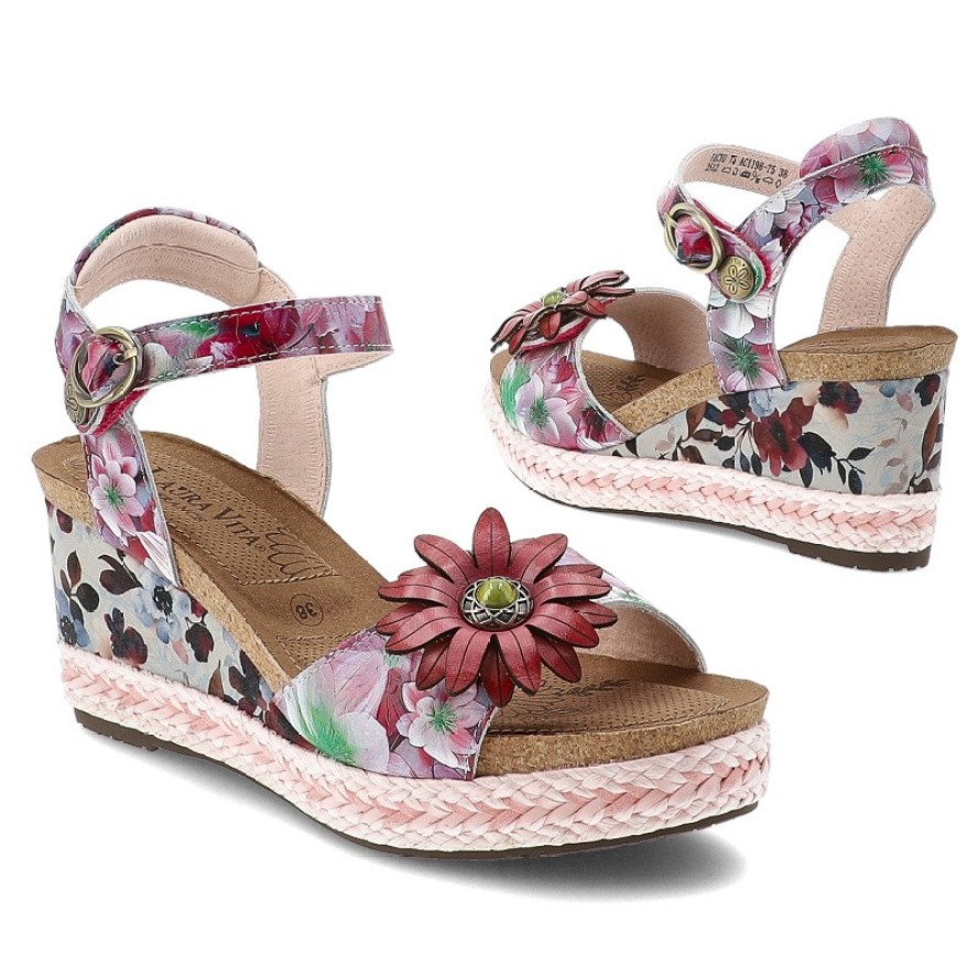 Sandały damskie Laura Vita, ze skóry naturalnej i podwyższona podeszwa na koturnie z plecionym wykończeniem, różowe, Facyo 75 AC1198-75 Lilas