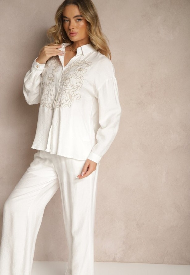 Biały Komplet z Wiskozą Szerokie Spodnie i Koszula z Haftem Etno Nolabina