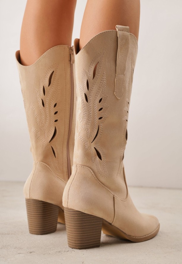 Beżowe Botki Typu Kowbojki VICES na Obcasie z Ażurową Cholewką Eranata