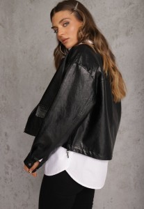 Czarna Kurtka Ramoneska Bomber z Kieszeniami z Klapami Nealira