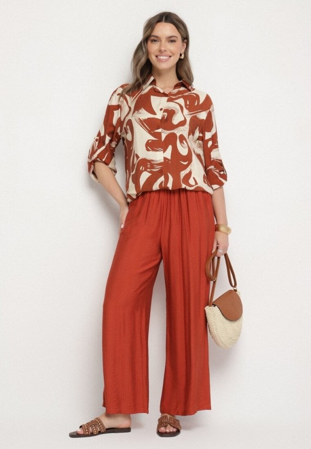 Pomarańczowy Komplet z Wiskozą Koszula i Spodnie w Geometryczny Wzór Nitasenia