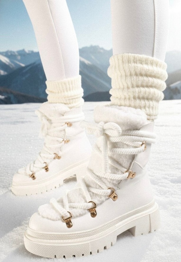 Białe Botki Traperki z Ozdobnym Sznurowaniem i Kożuszkiem Godhilde
