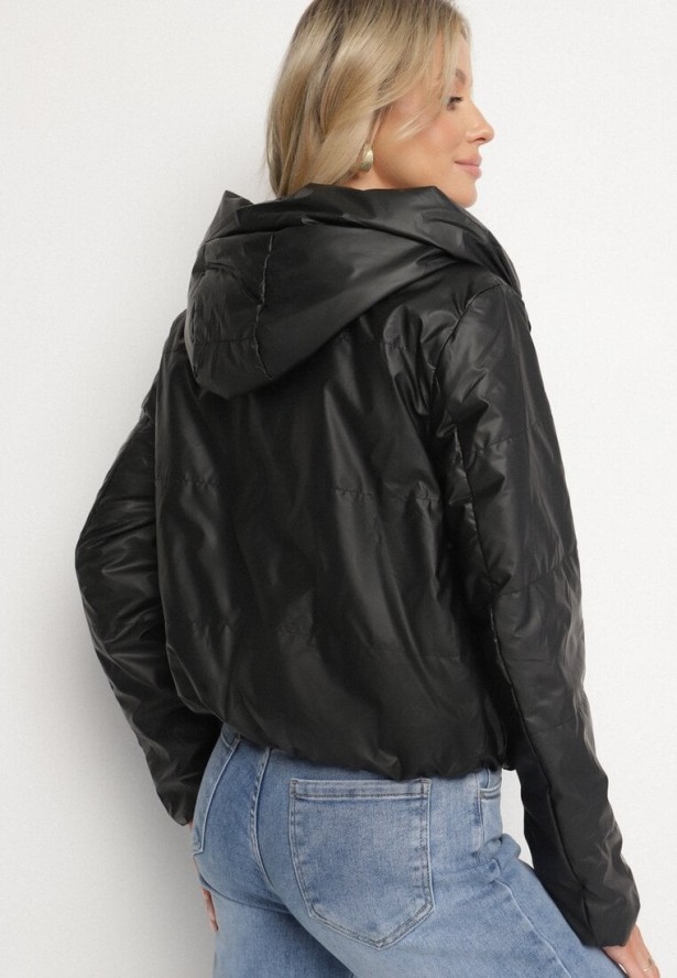 Czarna Kurtka Wiatrówka z Kapturem i Gumką w Pasie Avelloti