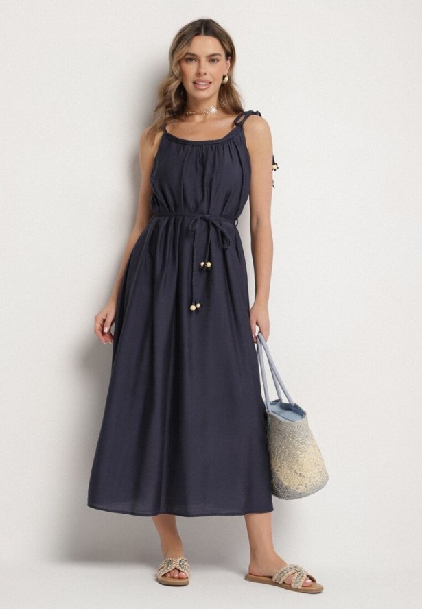 Granatowa Sukienka z Wiskozy na Wiązanych Ramiączkach z Plecionym Paskiem Mirazelia