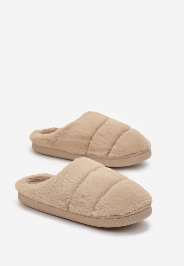 Ciemnobeżowe Kapcie z Miękkiego Futerka z Zakrytym Noskiem Naveritte