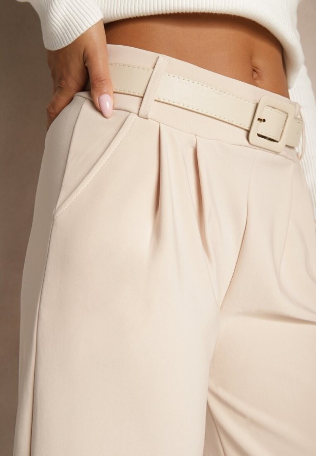 Beżowe Garniturowe Spodnie High Waist z Gumką i Dodatkowym Paskiem w Talii Mattine