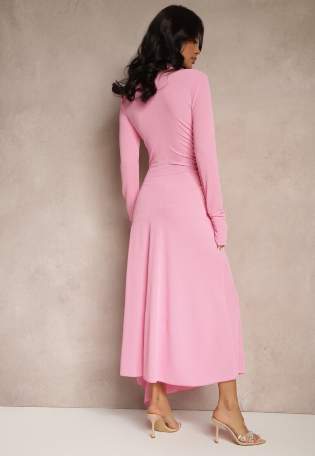 Różowa Asymetryczna Sukienka Koktajlowa z Ozdobnymi Guzikami Dralriti