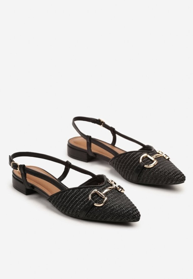 Czarne Sandały Slingback z Tweedowymi Zdobieniami i Metaliczną Aplikacją Annilena