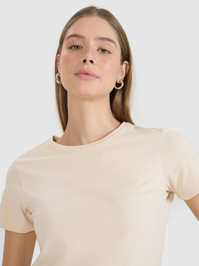 4F T-shirt slim gładki damski - beżowy M