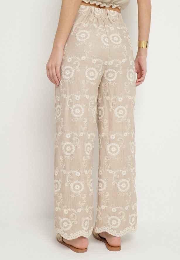 Beżowe Szerokie Spodnie z Wysokim Stanem i Haftem Tulsedi