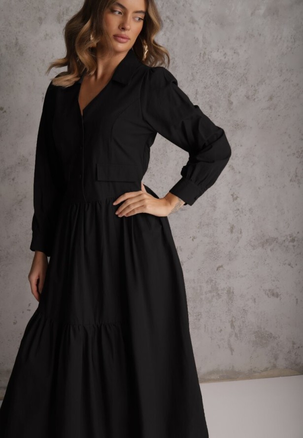 Czarna Rozkloszowana Sukienka Koszulowa z Bawełny i Wiskozy Zdobiona Klapami Gleta