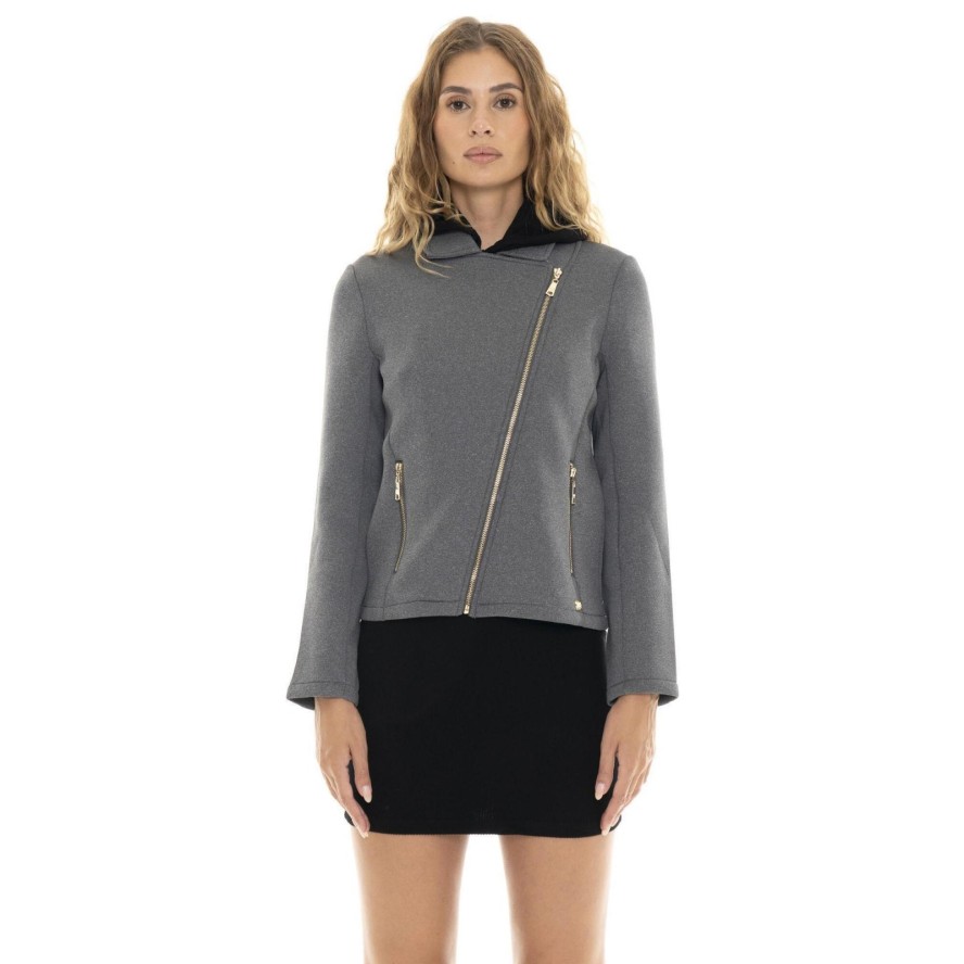 Leone 1947 Złote ćwieki Damen Asymmetrische Neoprenjacke mit Reißverschluss