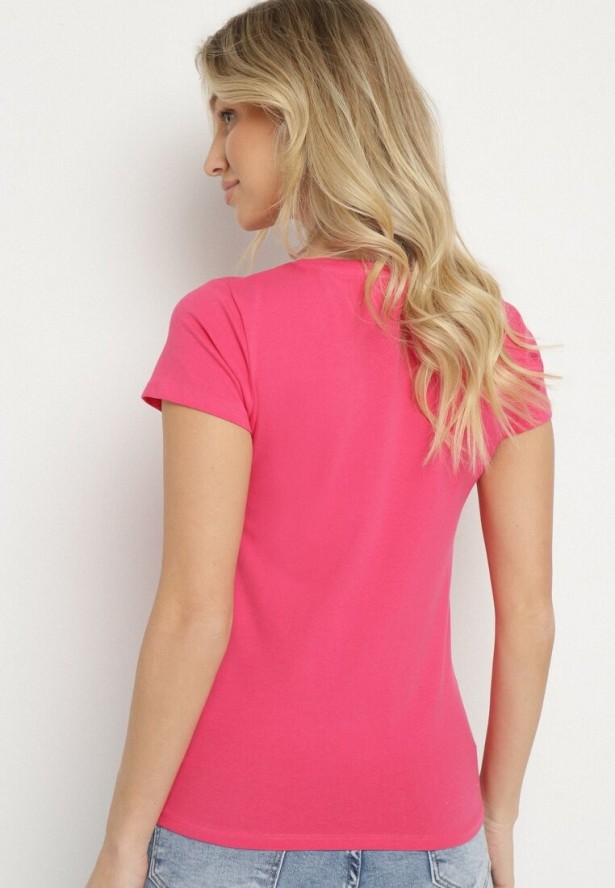 Różowy T-shirt Bawełniany z Trójkątnym Dekoltem Tolilara